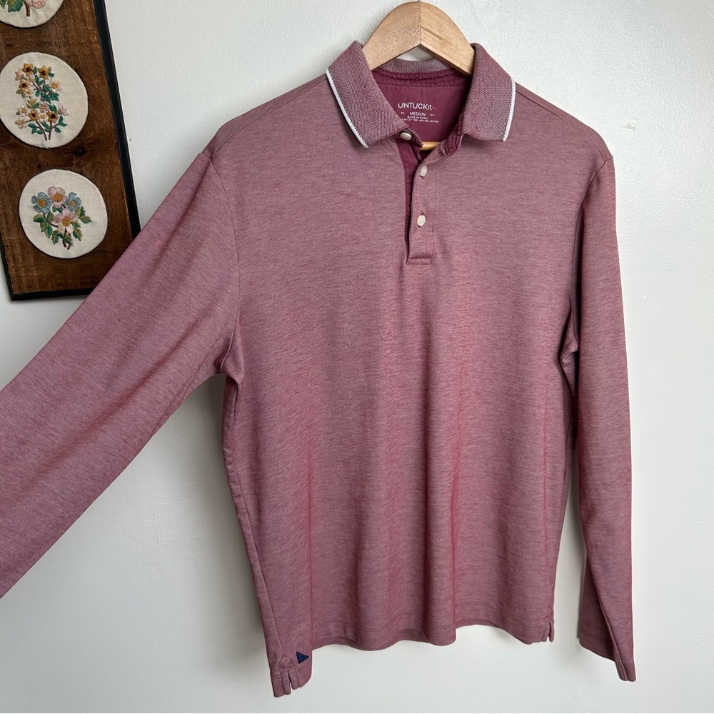 UNTUCKit Mens Beaux Long-Sleeve Tipped Polo Shirt Heathered Red/Pink Size Medium - Picture 5 of 11
